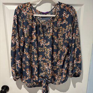 West Kei Blue/Grey Floral Tie Front Blouse